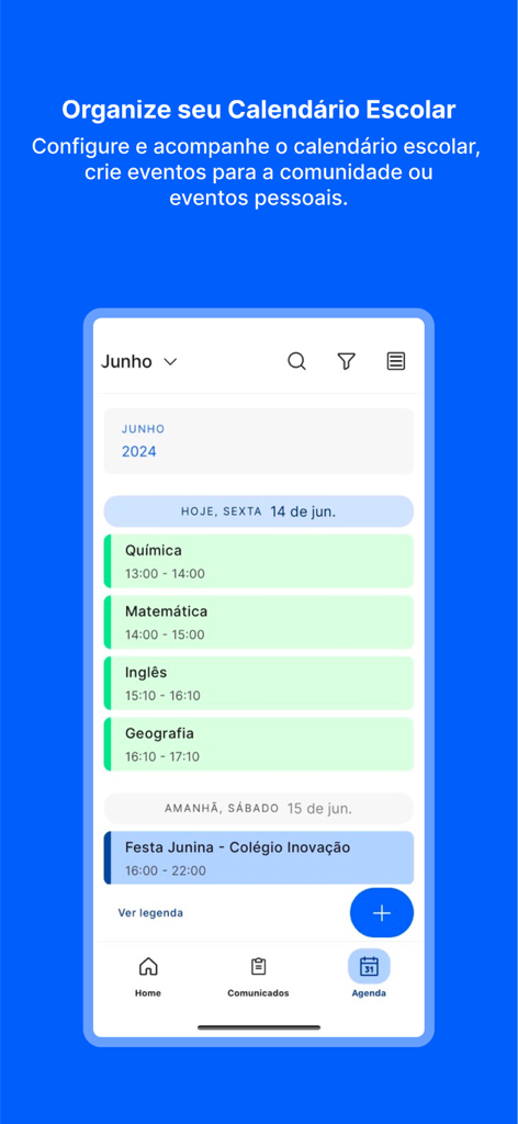 P+ - Interface móvel do aplicativo P+ mostrando um calendário escolar com horários de aula e eventos.
