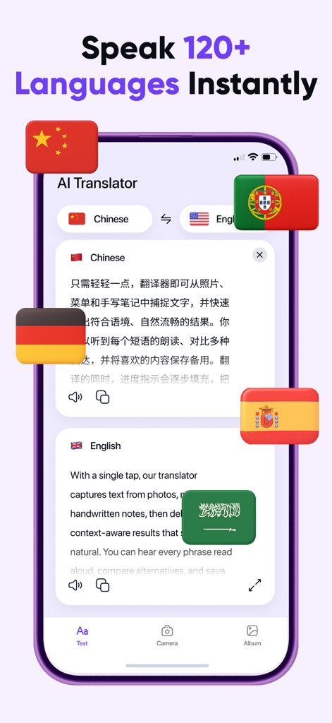 AI Translator: Voice & Photos - Smartphone screen showing the AI Translator app interface with a Chinese to English translation and global flag icons.