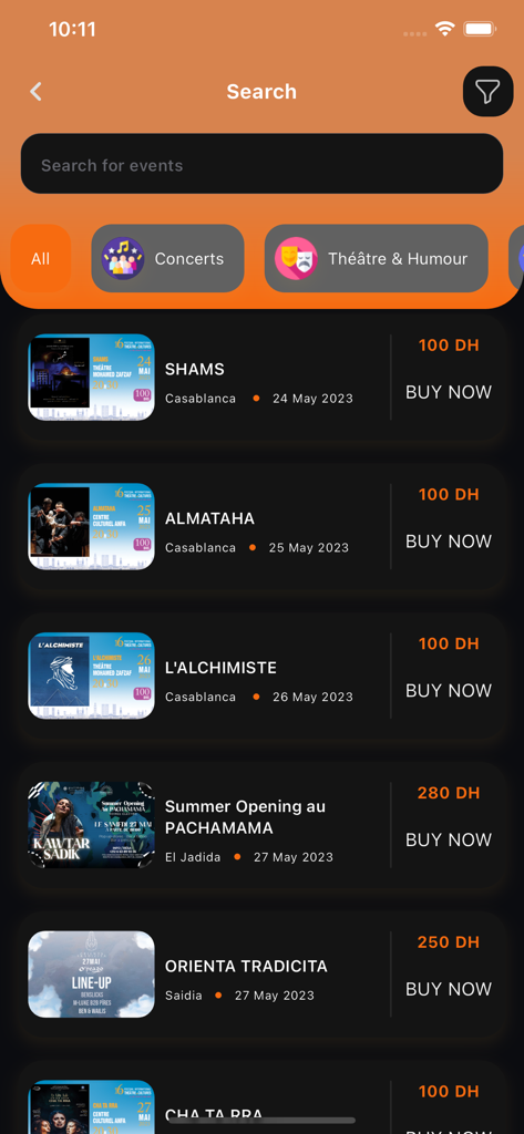 Ticket.ma - Résultats de recherche de l'application mobile Ticket.ma montrant une liste de concerts et d'événements théâtraux au Maroc avec les prix et les boutons d'achat immédiat