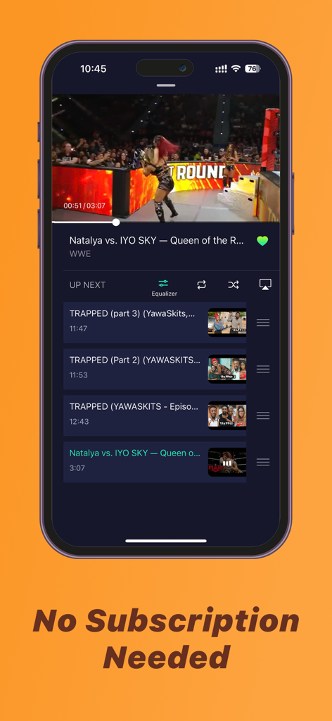 Pantalla de smartphone que muestra la reproducción de vídeo de Player GR con una lista de cola y el texto sin necesidad de suscripción