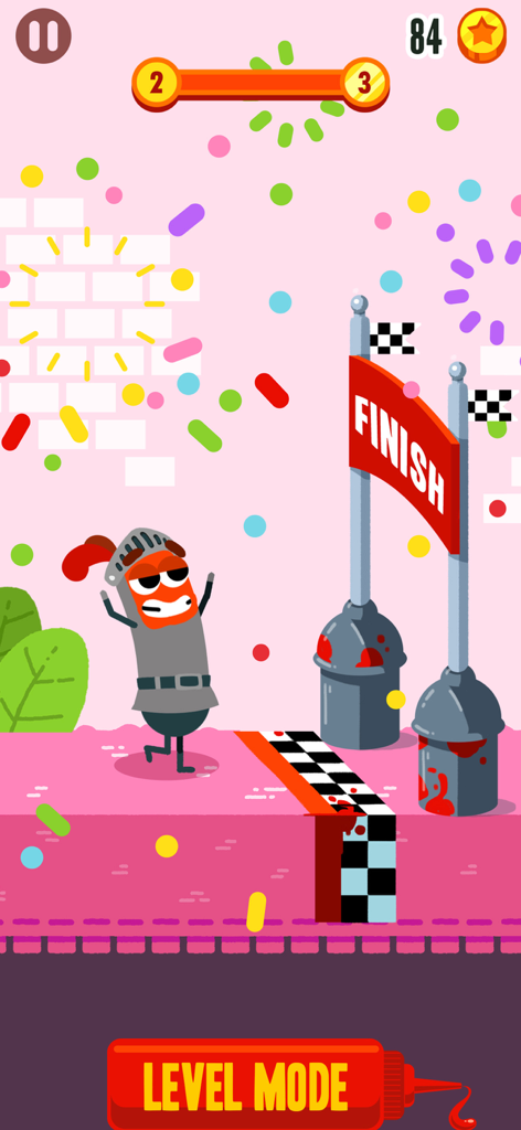 Sausage character in a knight costume crossing the finish line