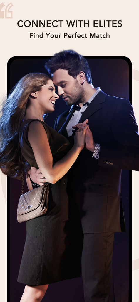An elegant couple in professional attire embracing with the text Connect with Elites Find Your Perfect Match