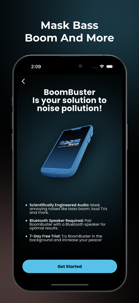 BoomBuster: Noise Blocker - Écran d'introduction de l'application BoomBuster expliquant sa solution à la pollution sonore et ses capacités de masquage des basses