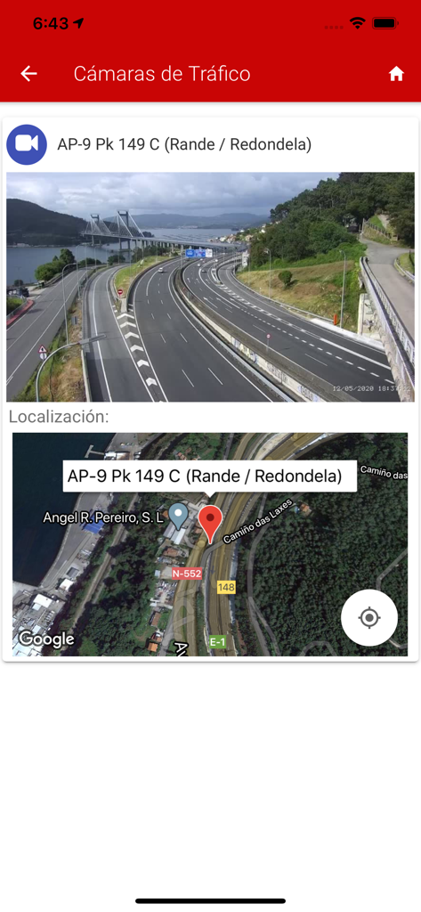 Vigo App - Concello de Vigo - Real-time traffic camera feed and location map on the Vigo App showing the AP-9 highway near Rande