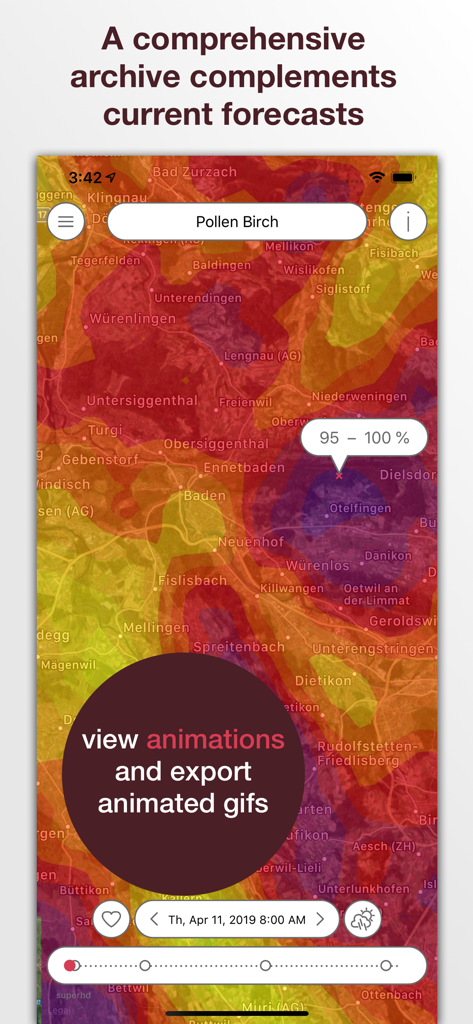 Pflotsh SuperHD weather app interface showing a high-resolution pollen birch heat map with historical archive and animation features.