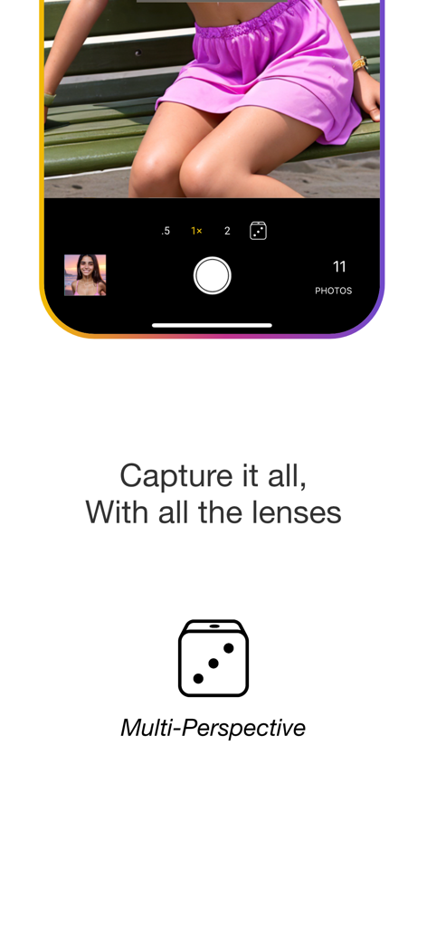 PhotoBot - Endless timer cam - Captura de pantalla de la aplicación PhotoBot que muestra el modo de cámara multiperspectiva para el cambio automático de lentes durante una sesión de fotos
