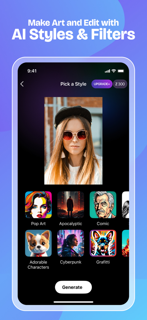 Interfaz de la aplicación Zedge mostrando la selección de estilos de fotos con IA y filtros.