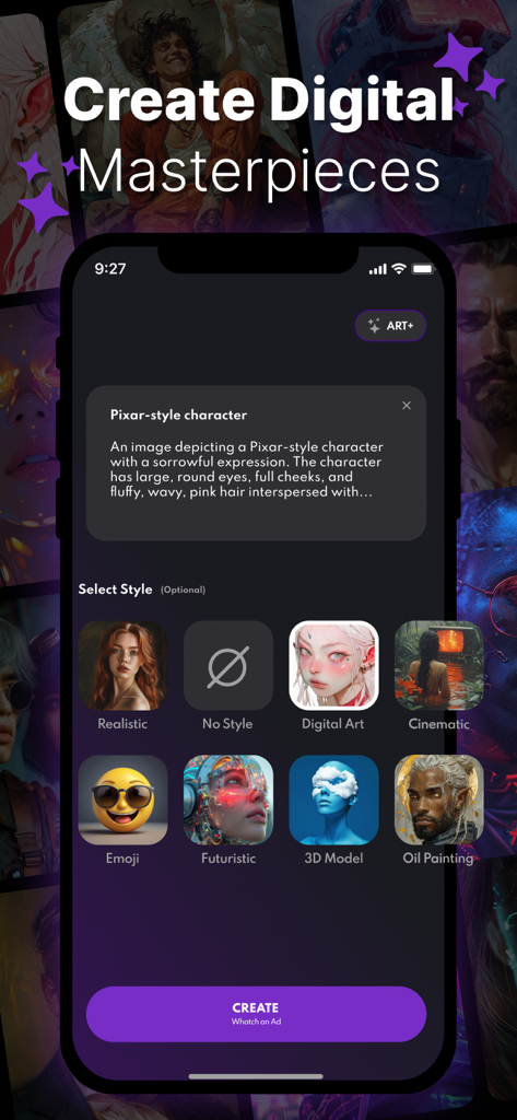 AI Art Photo Image Generator - User interface of an AI art generator app showing text prompt input and style selection icons for creating digital masterpieces.