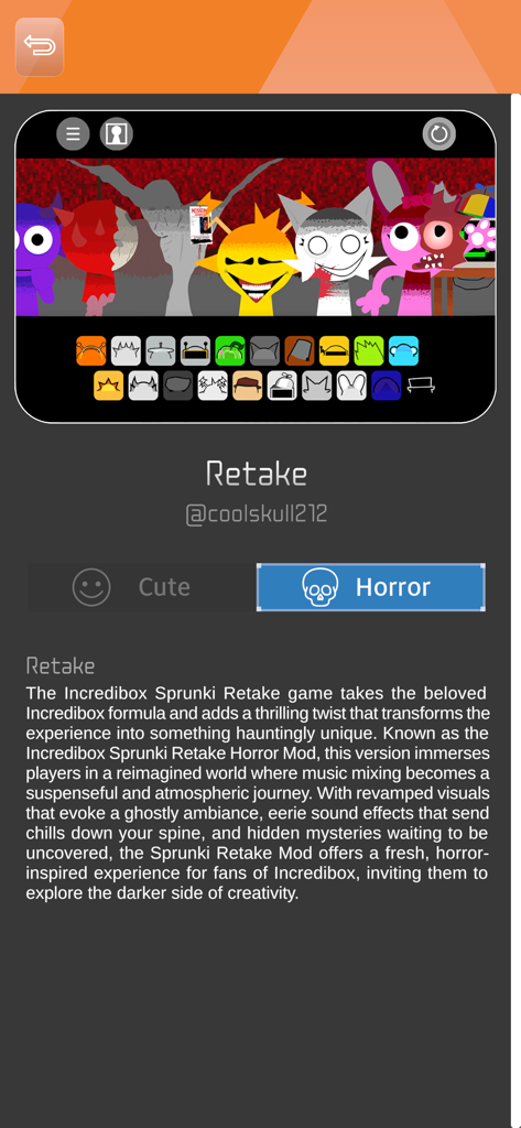 All Mods SP Guide - Interface do aplicativo All Mods SP Guide mostrando personagens e uma descrição do mod de terror Retake.