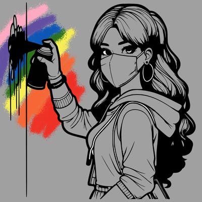 realistic girl with mask spray painting a wall