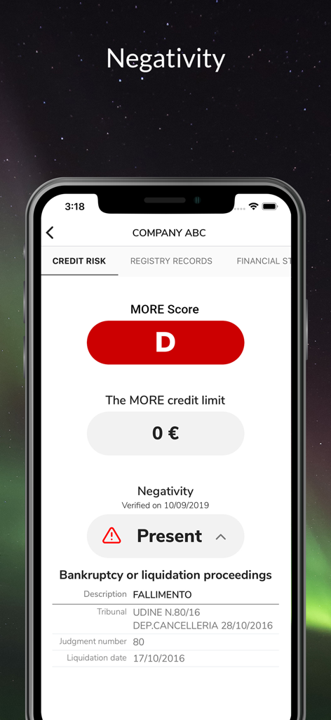 s-peek – Credit Report - A company credit risk report in the s-peek app showing a D rating and bankruptcy details.