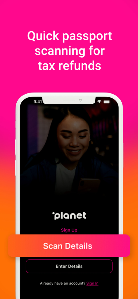 Planet Tax Free ME - Mobile app screen for Planet Tax Free ME showing a button to scan passport details for quick tax refund processing