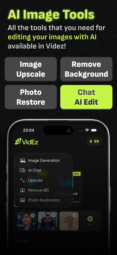 AI Video Generator: Videz - Videz app interface highlighting AI image tools including upscale background removal and photo restoration