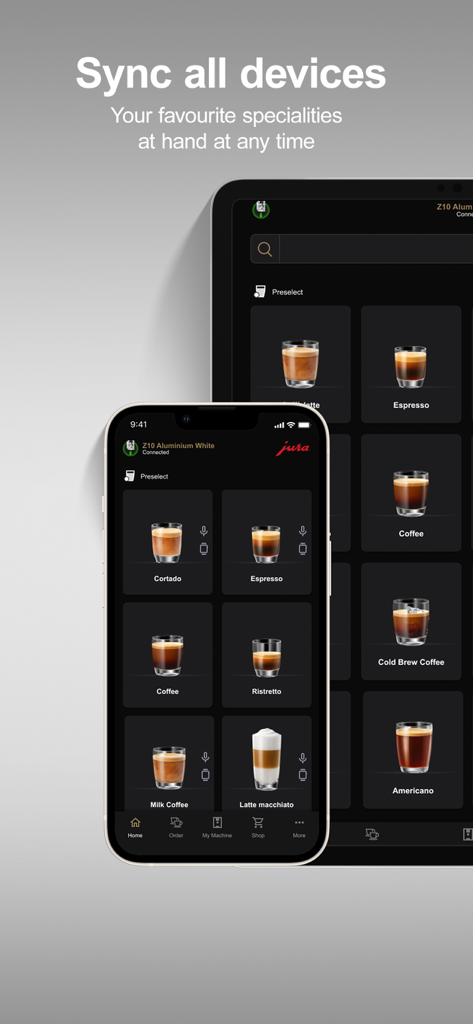 J.O.E. app interface on iPhone and iPad displaying personalized coffee specialties