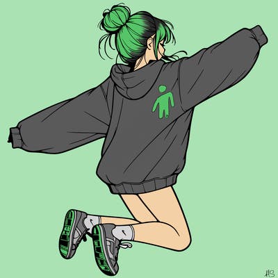 realistic girl jumping with a bun and oversized sweatshirt