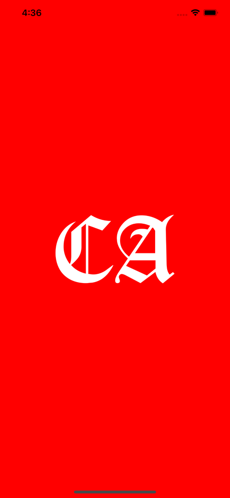 Correio dos Açores - Ecrã de arranque da aplicação Correio dos Açores com um logótipo branco gótico CA sobre um fundo vermelho sólido