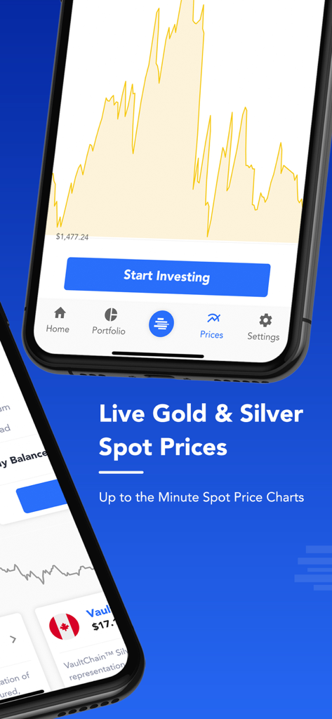 OneGold mobile app screen showing a live spot price chart for gold and silver.
