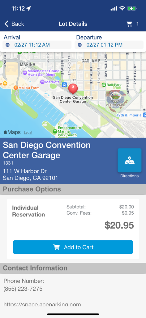 ACE Parking mobile app showing lot details for San Diego Convention Center Garage including map price and add to cart button