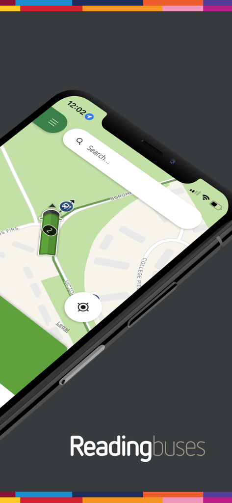 Reading Buses mobile app showing live bus tracking on a map