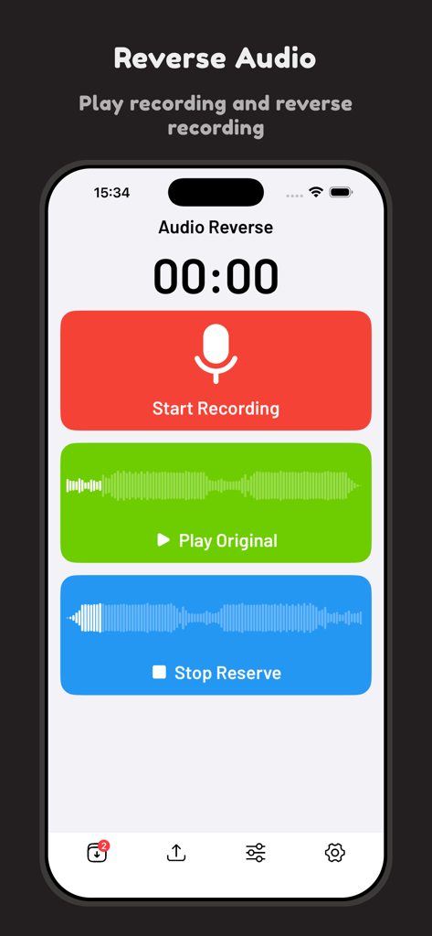 Audio Reverse - Interface do aplicativo Áudio Reverso mostrando botões para gravar e reproduzir áudio ao contrário.