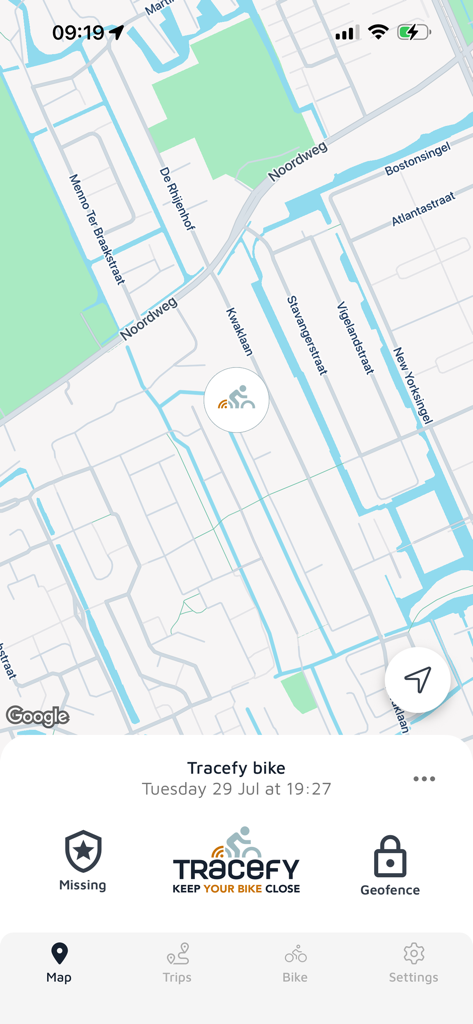 Tracefy Pro - Real-time bike GPS location and security features on the Tracefy Pro app map
