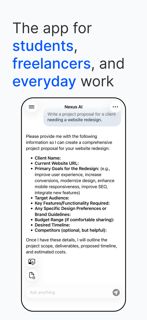 Nexus AI Chat Assistant - Nexus AI Chat Assistant app interface showing a freelancer drafting a project proposal for a website redesign