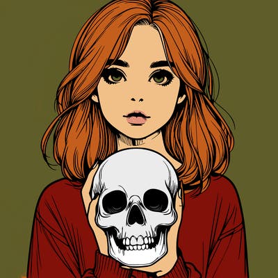 realistic girl holding a skull