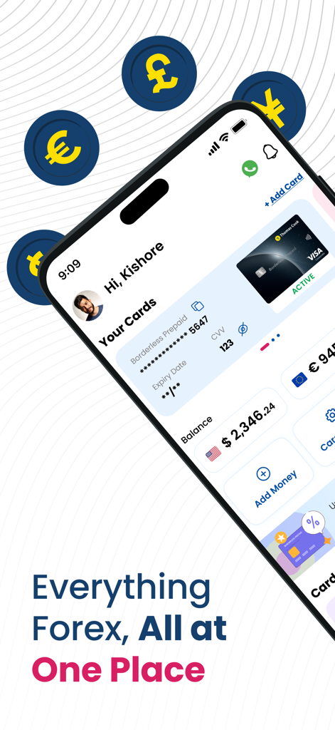 TC Pay | Payment Solutions - TC Pay app dashboard showing forex card management and account balance