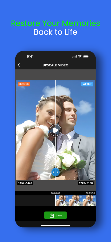 UpRes: AI Photo Video Enhancer - Before and after comparison of a wedding video being upscaled using AI enhancement in the UpRes app