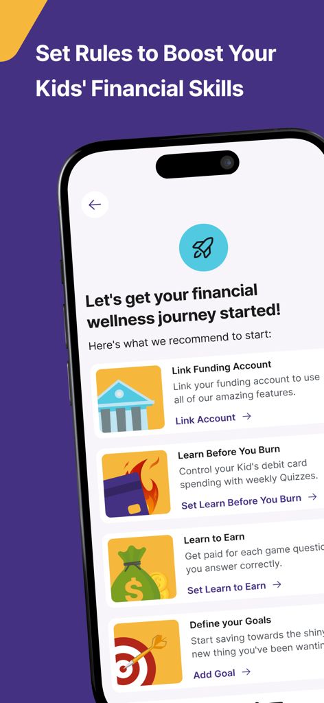 Goalsetter: Invest & Bank - Interface do aplicativo Goalsetter para configurar regras e metas financeiras para crianças