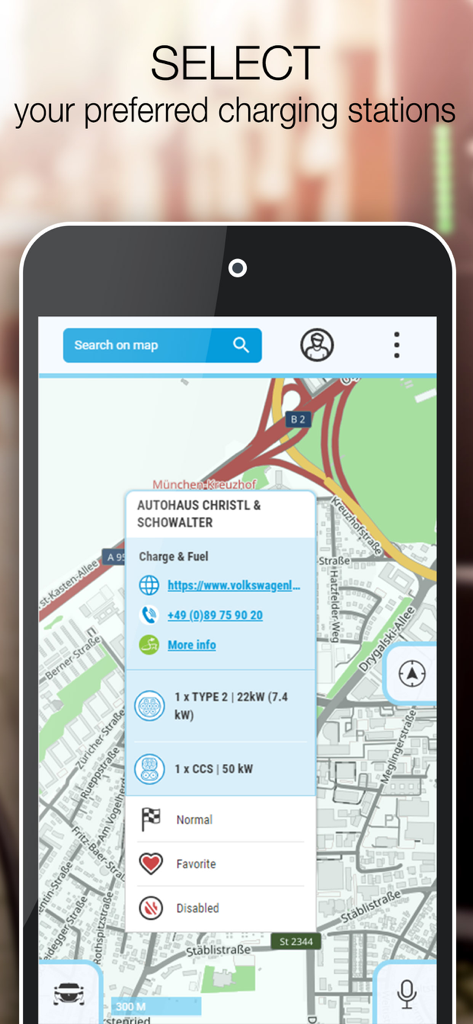 Interfaz de la aplicación Navegación para VE que muestra un mapa con una estación de carga seleccionada y sus detalles técnicos