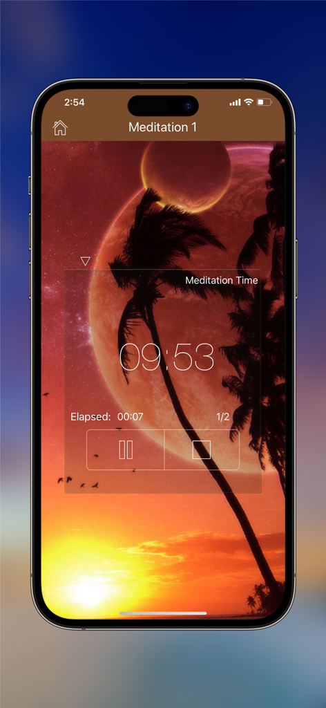 iPhone display showing the Pocket Meditation Timer app with a sunset background and countdown timer