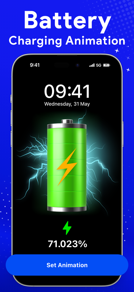 Pantalla de iPhone mostrando un icono de batería verde brillante con una animación de carga