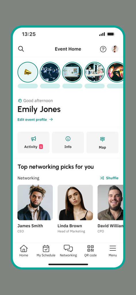 Écran d'accueil de l'événement ChangeNOW montrant des profils de réseautage personnalisés et des options de navigation