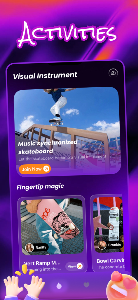 Deckk - Connect, Fun, Chat - Activities screen of the Deckk app featuring skateboarding clips and community content