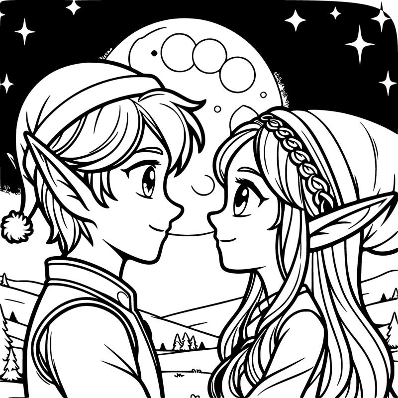 elf couple looking into eachothers eyes in the moonlight