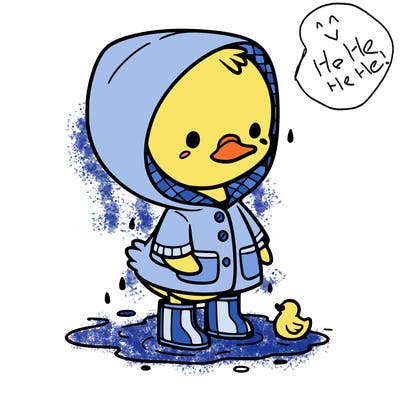 baby duck in a rain coat and boots, in a puddle while it’s raining