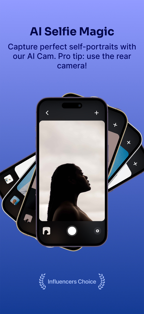 CLOS - Virtual Photoshoot - Smartphone displaying the CLOS app AI Cam feature for professional self-portraits with a silhouette photo on screen