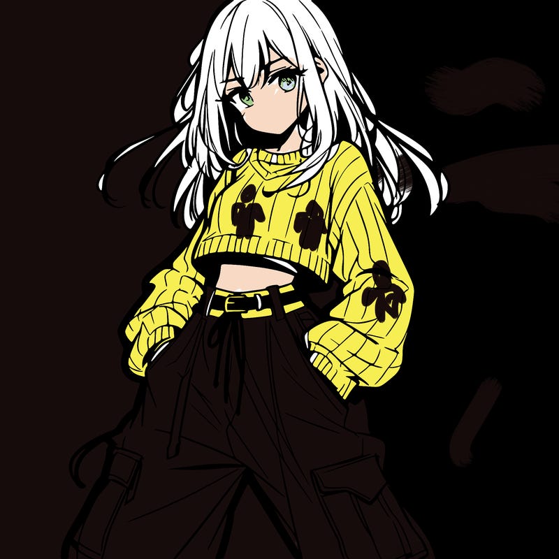 anime teen girl with baggy pants and crop top with sweater