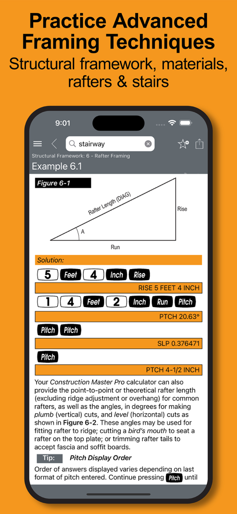 Construction Master Pro Guide - A screenshot of the Construction Master Pro Guide app demonstrating advanced framing techniques with a rafter calculation diagram and step by step calculator inputs