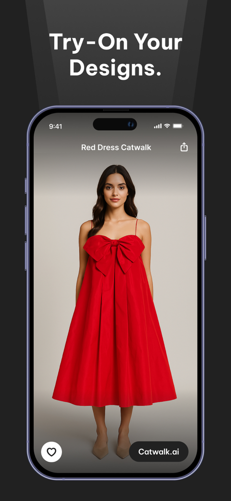 AI Fashion Designer Try-On - A female model wearing a virtual red dress with a large bow design in the Catwalk AI app