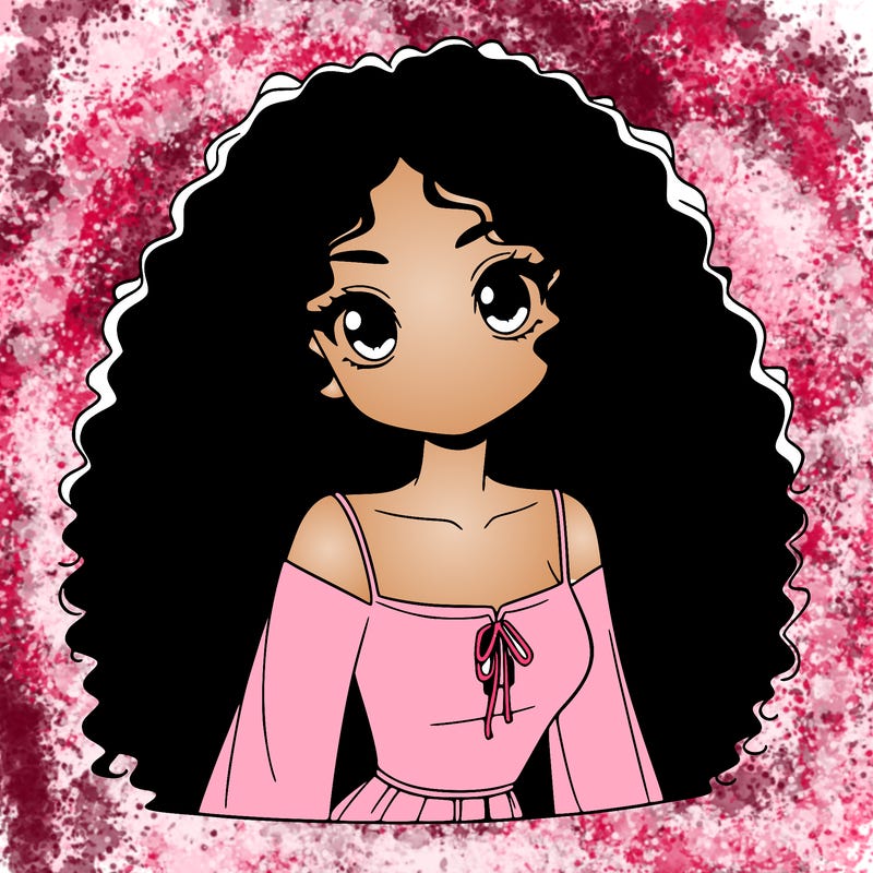 a black anime girl with long afro hair