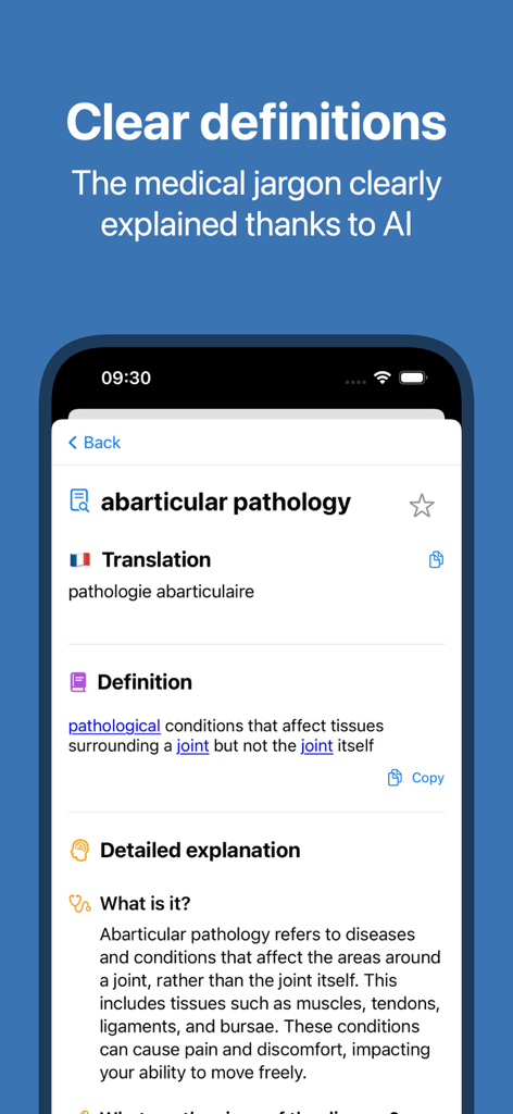 Interfaz del diccionario médico que muestra la traducción del inglés al francés y definiciones médicas generadas por IA