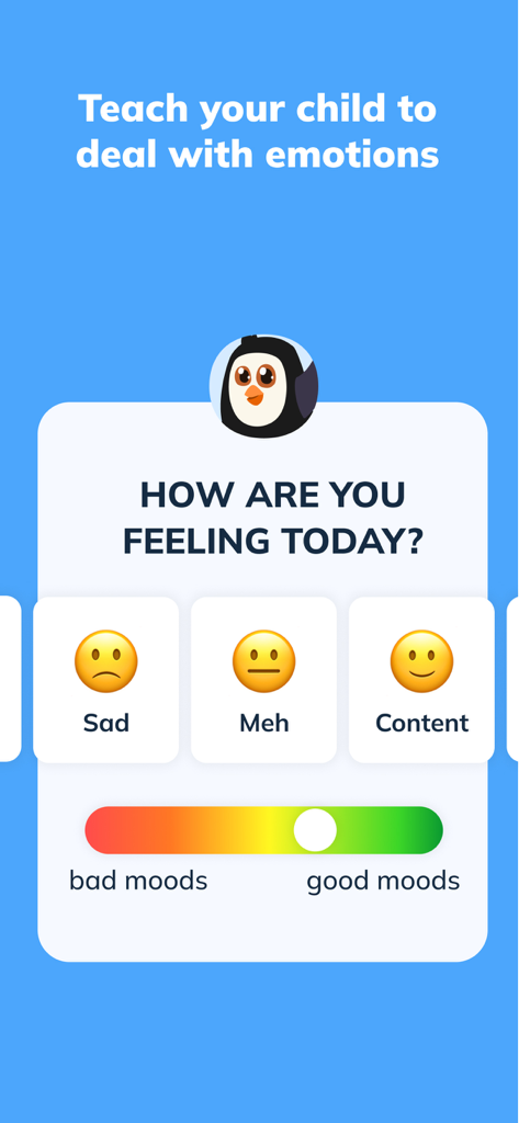Pingo by Findmykids - Una pantalla de la aplicación Pingo que muestra un rastreador de estado de ánimo infantil con opciones de emoji y un deslizador para las emociones.