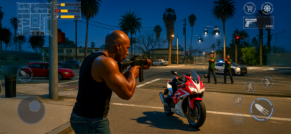 Um personagem segurando um rifle durante uma missão de combate urbano com policiais e helicópteros no Gangster Crime Wars Simulator