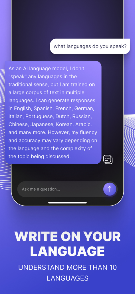 Jarvis Chat bot - AI Assistant - Jarvis AI assistant chat interface showing multilingual support for over 10 languages on an iPhone