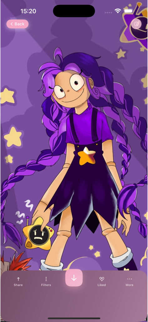 Fanart de Lily Lovebraids con largas trenzas púrpuras y un vestido estrellado sobre un fondo púrpura