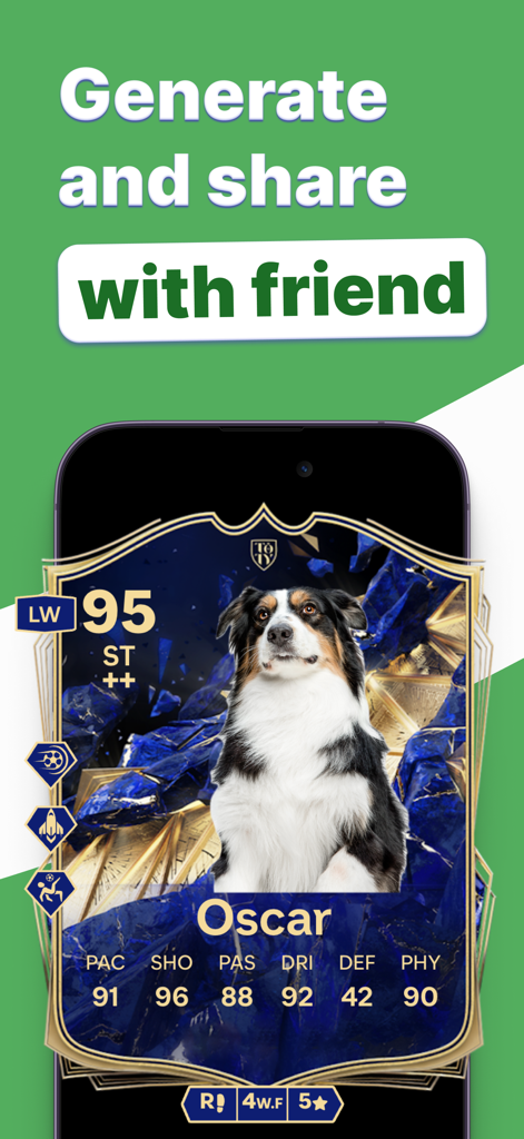 FUT Card Create 25 - A smartphone showing a custom football player card featuring a dog named Oscar with professional stats and the text generate and share with friend