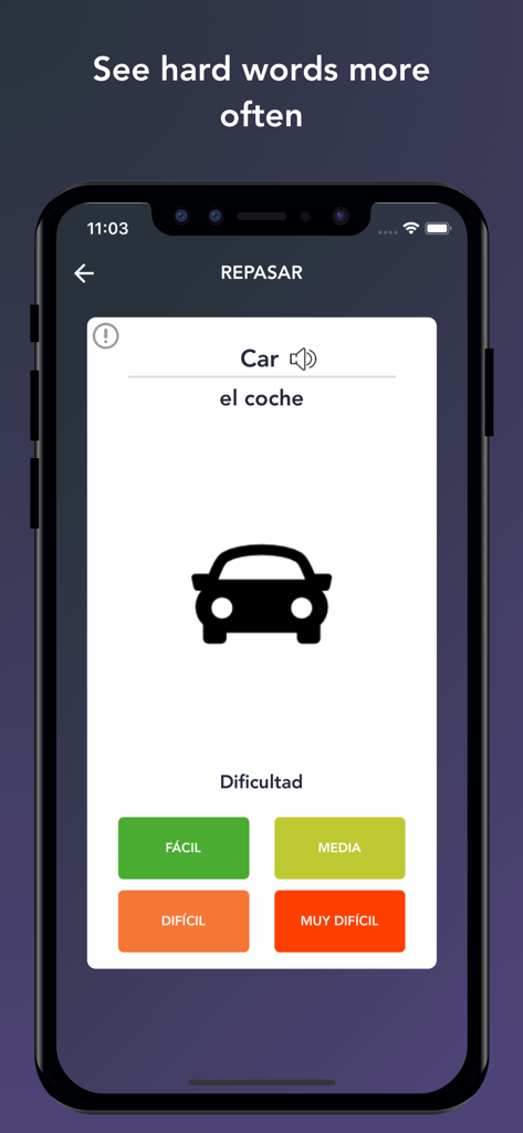 Tobo: Learn English Vocabulary - Tobo app flashcard for the word car with Spanish translation and difficulty level buttons