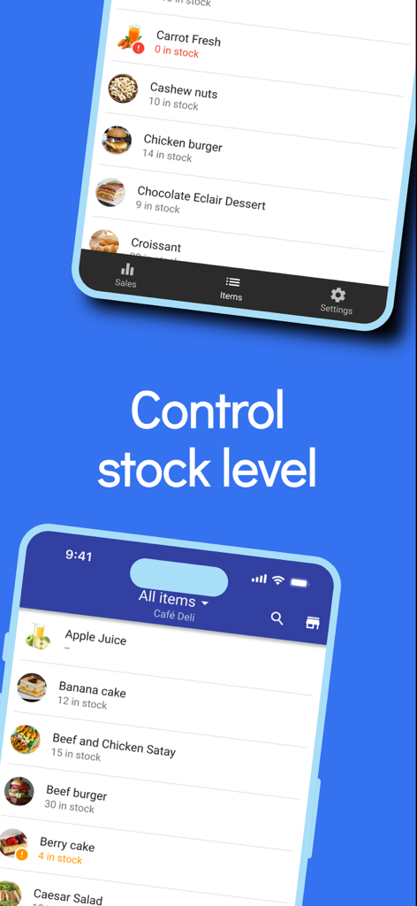 Loyverse Dashboard for POS - La aplicación Loyverse Dashboard mostrando niveles de stock en tiempo real para artículos de venta minorista y cafetería.
